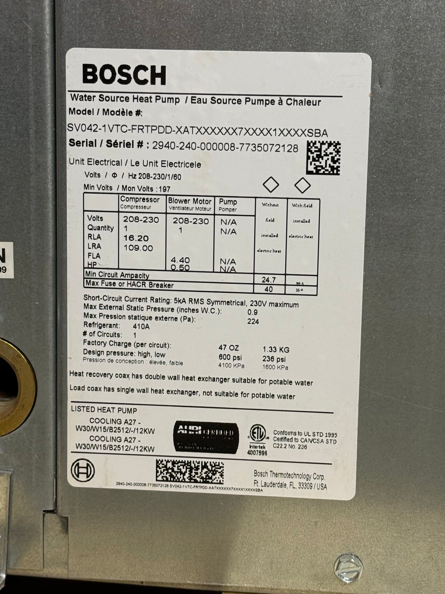 3.5 Ton Single-Stage PSC Vertical Geothermal Heat Pump 208-230/60/1 R410A 15.9 EER